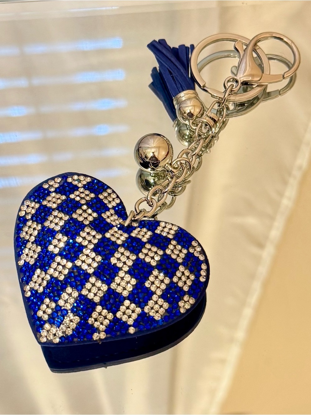 Blue Crystal Check Heart Keychain/Bag Charm with tassel